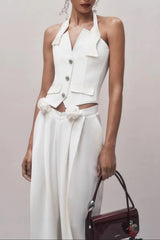 Halter Neck Vest Flower Embellished Pants Suit in Ivory