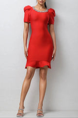 Red Short Sleeve Rhinestone Bandage Mini Dress