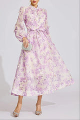 Floral Print Lantern Sleeve Maxi Dress in Purple