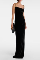 Black Metal Chain Strap Square Neck Maxi Dress