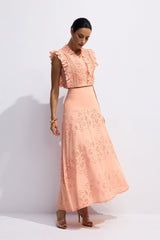V-Neck Embroidery Crop Top & Skirt Set in Orange
