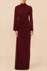 High Neck Drape Ruched Maxi Dress in Burgundy