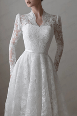 White Lace Long Sleeve Ball Gown Wedding Dress
