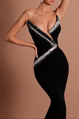 Off-Shoulder Rhinestone Maxi Dress in Black