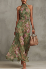 Green Floral Halter Maxi Dress