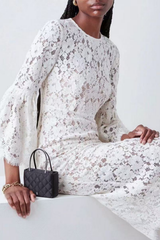 White Lace Midi Dress with Flare Sleeves