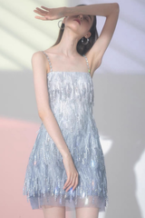 Crystal Bead Fringe Chain Strap Strap Mini Dress