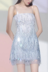 Crystal Bead Fringe Chain Strap Strap Mini Dress