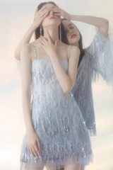 Crystal Bead Fringe Chain Strap Strap Mini Dress