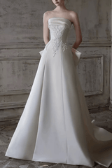 White Satin Lace A-Line Wedding Dress