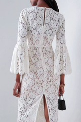 White Lace Midi Dress with Flare Sleeves