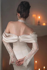 Off Shoulder Lace Long Sleeve Satin Wedding Dress