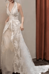 White Lace Halter Deep V A-line Wedding Dress