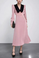 Retro French Pink Heart Print Midi Dress
