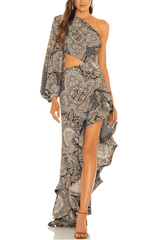 One Shoulder Cutout Ruffle Maxi Dress