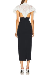 Lace Patchwork Shawl Bodycon Midi Dress in Black