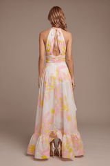 Floral Halter Neck Ruffle Maxi Evening Dress