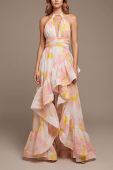 Floral Halter Neck Ruffle Maxi Evening Dress