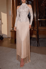 Champagne Cold Shoulder Rhinestone Fringe Dress