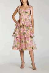 Strap Floral Embroidered Midi Dress