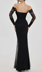 black Mesh Off-Shoulder Maxi Dress