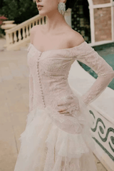 White Lace Off Shoulder Long Sleeve Ruffle Maxi Dress