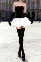 Petal-Layered Top Mini Skirt Suit Without Glove - Black/White