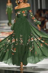 Floral Print Off-shoulder Fitted Waist Maxi Dress