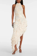 White Halter Sleeveless Midi Dress