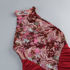 Sequin Embroidery Halter Maxi Dress in Red