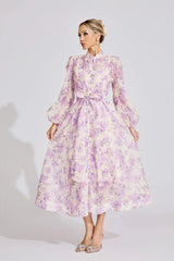 Floral Print Lantern Sleeve Maxi Dress in Purple