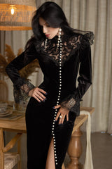 Black Long Sleeve Midi Dress with Lace and Pearls