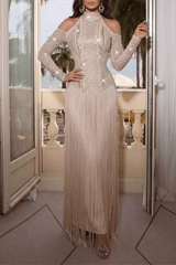 Champagne Cold Shoulder Rhinestone Fringe Dress