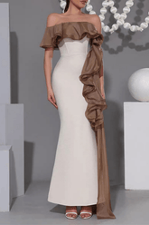 Off Shoulder Contrast Ruffle Dress in Brown
