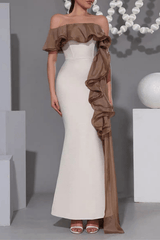 Off Shoulder Contrast Ruffle Dress in Brown