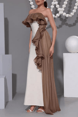 Off Shoulder Contrast Ruffle Dress in Brown