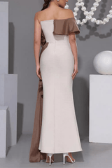 Off Shoulder Contrast Ruffle Dress in Brown