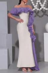 Off Shoulder Contrast Ruffle Dress in Purple