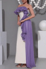 Off Shoulder Contrast Ruffle Dress in Purple