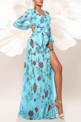 Merry Light Blue Sequin Floral Maxi Dress