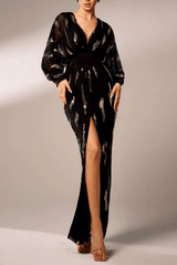 Black Gold Sequin V-Neck Dress