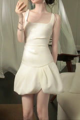 Square Neck Bud Mini Dress in Beige