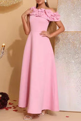 Flower Slanted Collar Maxi Dress in Pink