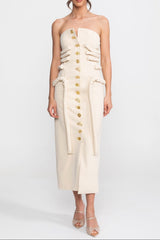 Midi Dress With Sculptural Knotted Bodice Detail And Jewel Buttons - Cream