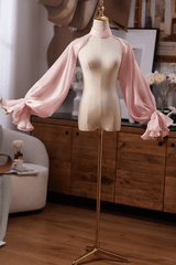 Pink Satin Halter Cold Shoulder Long Sleeves