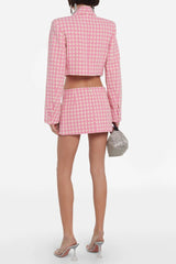 Embellished Checked Wool-Blend Blazer Set in Pink