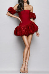 Red Sheath Bubble Sleeve Mini Dress
