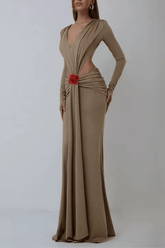 Long Sleeve Cutout Waist Floral Accent Maxi Dress