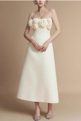 3D Floral Strap White Midi Dress
