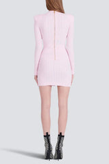V-Neck Button-Detail Ribbed Mini Dress in Pink